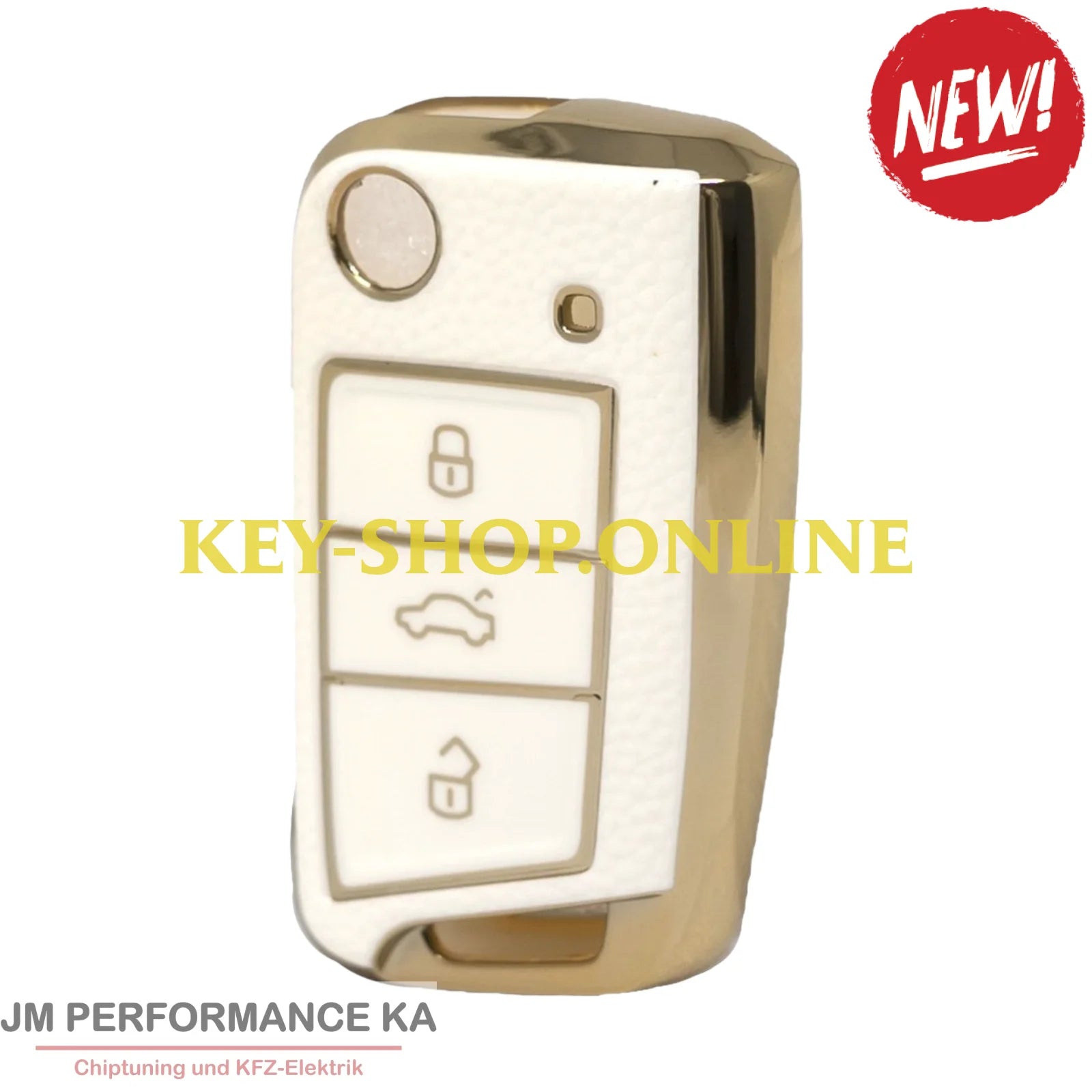 Nano Hochwertige Goldlederhülle für Volkswagen Klappschlüssel mit 3 Tasten weiss Fahrzeugschlüssel