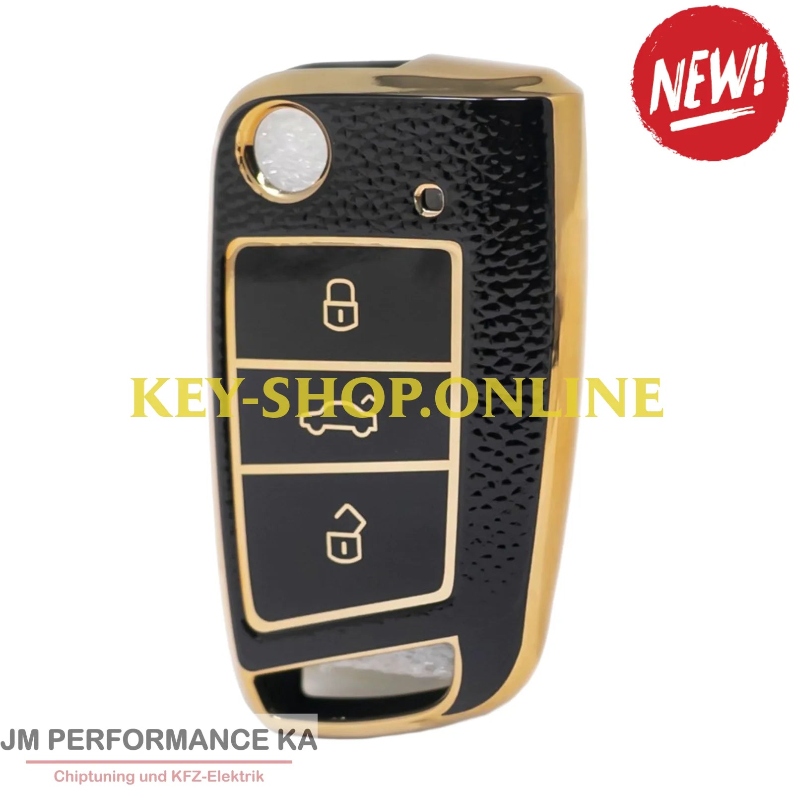 Nano Hochwertige Goldlederhülle für Volkswagen Klappschlüssel mit 3 Tasten schwarz Fahrzeugschlüssel