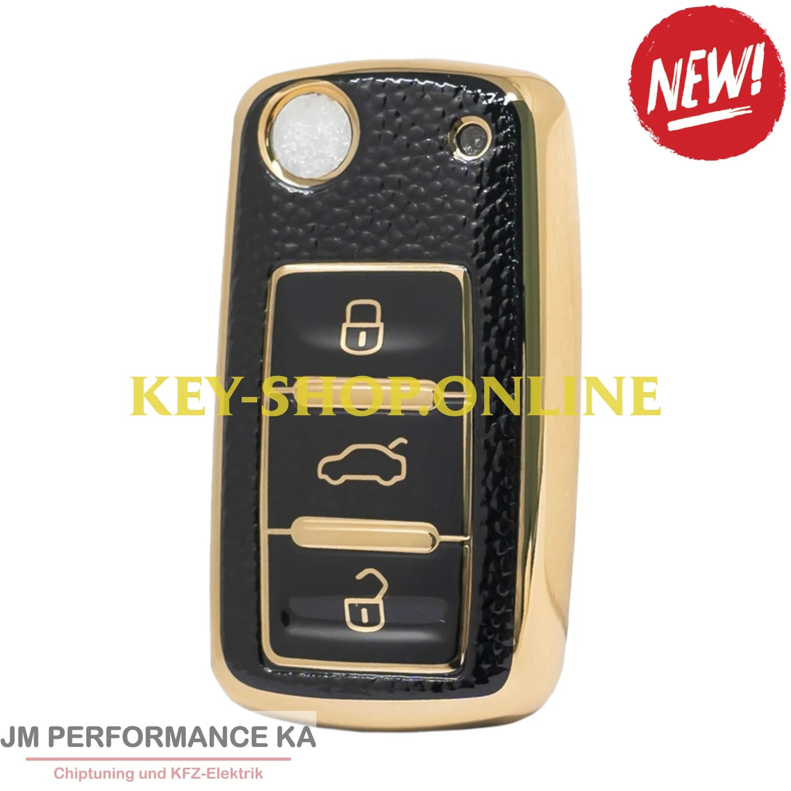 Nano Hochwertige Goldlederhülle für Volkswagen Klappschlüssel mit 3 Tasten schwarz Fahrzeugschlüssel