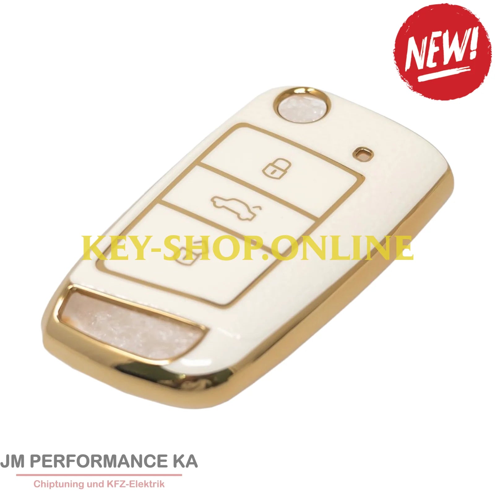 Nano Hochwertige Goldlederhülle für Volkswagen Klappschlüssel mit 3 Tasten weiß Fahrzeugschlüssel