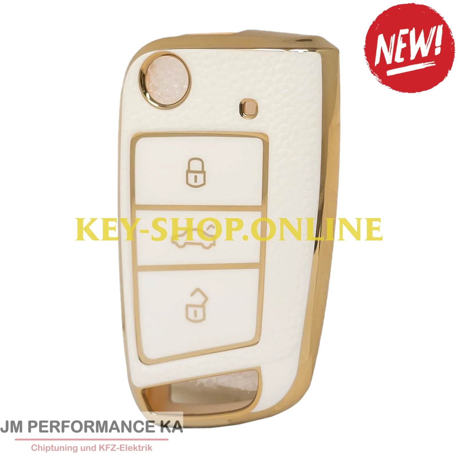 Nano Hochwertige Goldlederhülle für Volkswagen Klappschlüssel mit 3 Tasten weiß Fahrzeugschlüssel